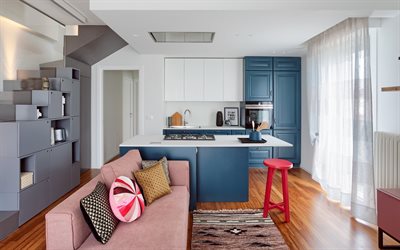 kitchen, stylish interior design, blue kitchen furniture, modern interior design, pink sofa, kitchen idea