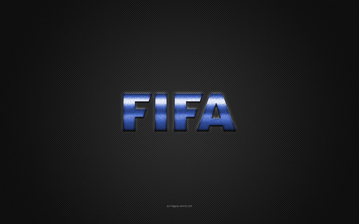 شعار fifa, شعار أزرق لامع, شعار fifa المعدني, نسيج من ألياف الكربون الرمادي, اتحاد كرة القدم, العلامات التجارية, فن إبداعي