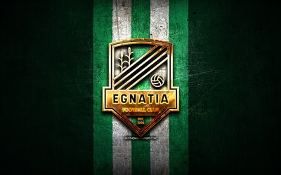 Egnatia FC, golden logo, Kategoria Superiore, green metal background, football, Albanian football club, FK Egnatia logo, soccer, FK Egnatia
