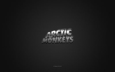 شعار arctic monkeys, فضية لامعة الشعار, شعار القرود القطبية الشمالية المعدني, نسيج من ألياف الكربون الرمادي, قرود القطب الشمالي, العلامات التجارية, فن إبداعي