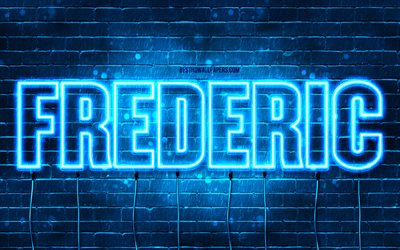 Happy Birthday Frederic, 4k, blue neon lights, Frederic name, creative, Frederic Happy Birthday, Frederic Birthday, popular french male names, picture with Frederic name, Frederic