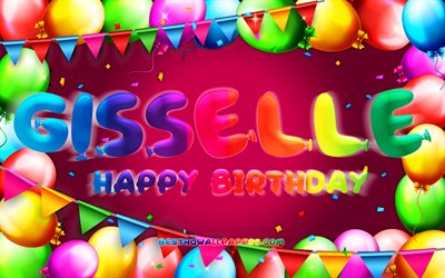 Happy Birthday Gisselle, 4k, colorful balloon frame, Gisselle name, purple background, Gisselle Happy Birthday, Gisselle Birthday, popular mexican female names, Birthday concept, Gisselle