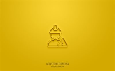 konstruktionsrisk 3d-ikon, gul bakgrund, 3d-symboler, konstruktionsrisk, konstruktionsikoner, 3d-ikoner, konstruktionsrisktecken, konstruktions-3d-ikoner