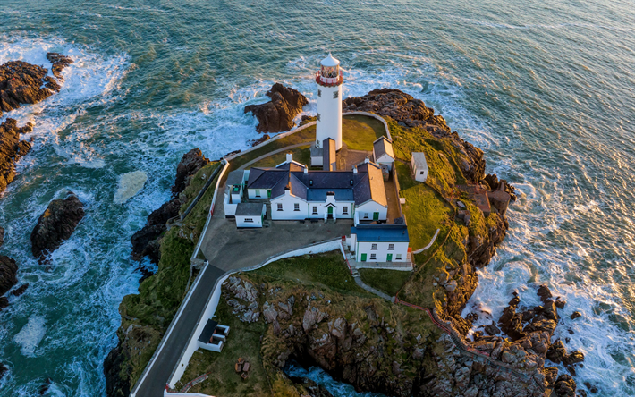lighthouse, coast, aerial view, Ulster, Arryheernabin, ocean, waves, white lighthouse, Ireland