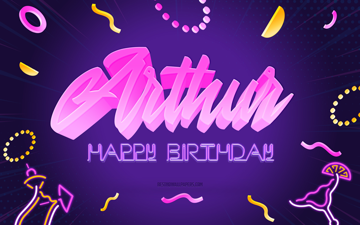 buon compleanno arthur, 4k, purple party background, arthur, arte creativa, buon compleanno di arthur, nome di arthur, compleanno di arthur, sfondo della festa di compleanno