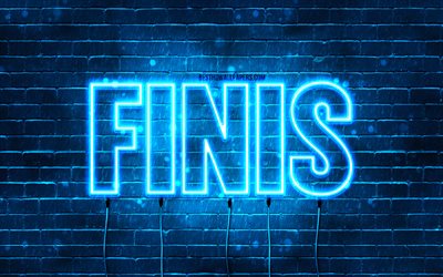 Happy Birthday Finis, 4k, blue neon lights, Finis name, creative, Finis Happy Birthday, Finis Birthday, popular french male names, picture with Finis name, Finis