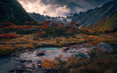 Andes, Patagonia, mountain river, evening, sunset, mountain landscape, rocks, Chile