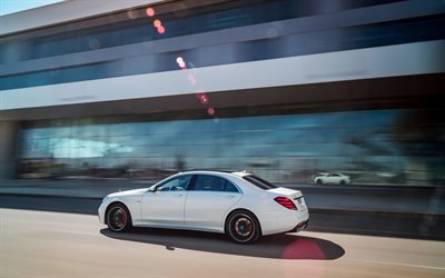 Mercedes-Benz S63 AMG, 2018, Speed, white S63, sedan, German cars, tuning S-class, Mercedes