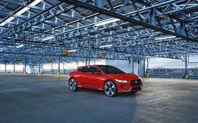 Jaguar I-Pace, 2018 araba, park, elektrikli arabalar, kırmızı-Pace, Jaguar