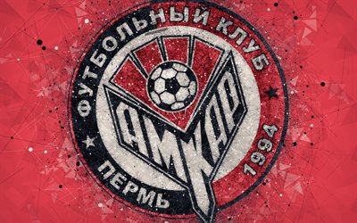 fc amkar, 4k, russische premier league, creative logo, geometrische kunst, wappen, russland, fu&#223;ball, amkar, rot abstrakten hintergrund