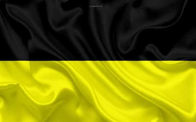 旗のアーヘン, 4k, シルクの質感, 黄色の黒いシルクフラグ, ドイツ, アーヘン, Nrw, 記号