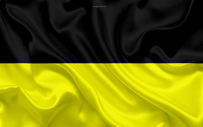 Lipun Aachen, 4k, silkki tekstuuri, keltainen musta silkki lippu, Saksan kaupunki, Aachen, Nordrhein-Westfalenissa, Saksa, symbolit