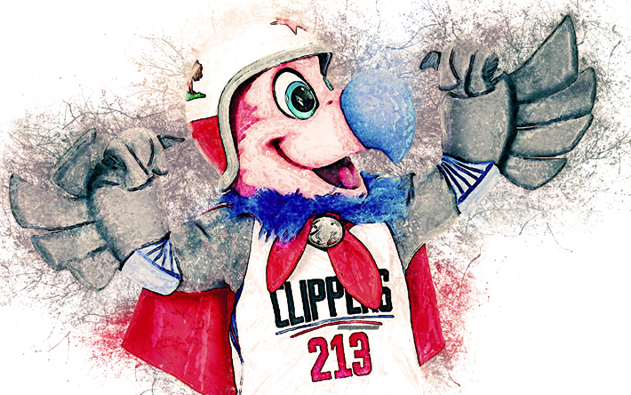 Chuck Condor, resmi maskotu, Los Angeles Clippers, 4k, sanat, NBA, ABD, grunge, sembol, beyaz arka plan, boya, art, Ulusal Basketbol Birliği NBA maskotları, Los Angeles Clippers maskot, basketbol
