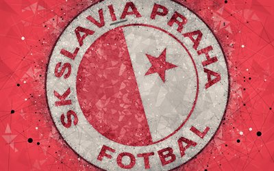 SK Slavia Praha, 4k, arte geom&#233;trica, logo, Checa futebol clube, fundo vermelho, emblema, Checa Primeira Liga, Praga, Rep&#250;blica Checa, futebol, arte criativa, Slavia FC