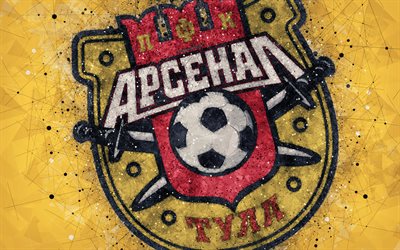 Arsenal Tula FC, 4k, Russian Premier League, creative logo, geometric art, emblem, Russia, football, Arsenal Tula, yellow abstract background, FC Arsenal Tula