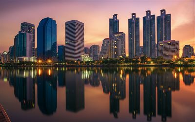 Bangkok, la sera, grattacieli, case moderne, tramonto, baia, Thailandia