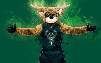 Bango, official mascot, Milwaukee Bucks, 4k, art, NBA, USA, Buck, grunge art, symbol, green background, paint art, National Basketball Association, NBA mascots, Milwaukee Bucks mascot, basketball