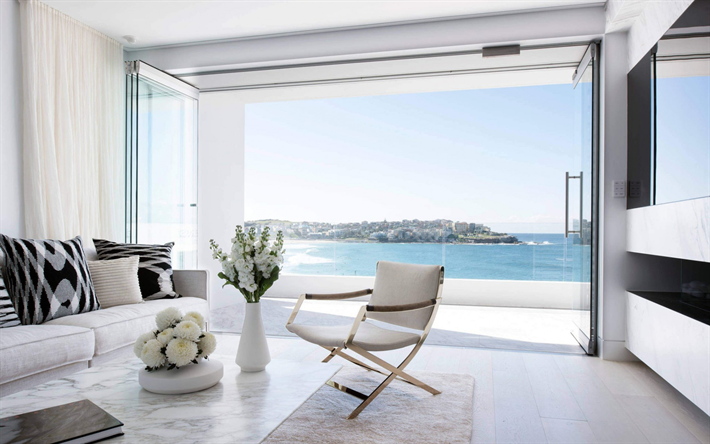 bright apartments, modern interior design, minimalism, white sofa, stylish apartments by the sea, living room