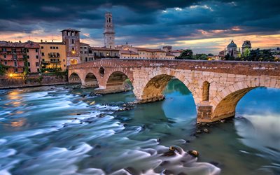 4k, Stone Bridge, Bron Marmoreus, Adige, Verona, Italien, Europa