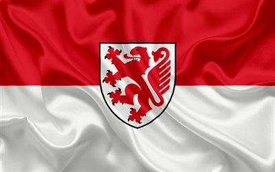 Flag of Braunschweig, 4k, silk texture, red white silk flag, coat of arms, German city, Braunschweig, Lower Saxony, Germany, symbols