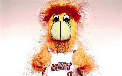 Burnie, resmi maskotu, Miami Heat, 4k, sanat, NBA, ABD, grunge, sembol, kırmızı arka plan, boya, art, Ulusal Basketbol Birliği NBA maskotları, Miami Heat mascot, basketbol