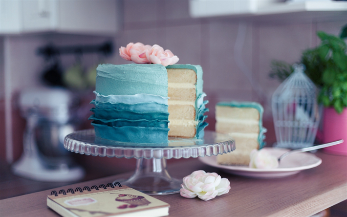 cake with blue cream, sweets, birthday cake, baked goods