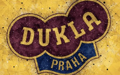 Dukla Prague FC, 4k, geometric art, logo, Czech football club, yellow background, emblem, Czech First League, Prague, Czech Republic, football, creative art