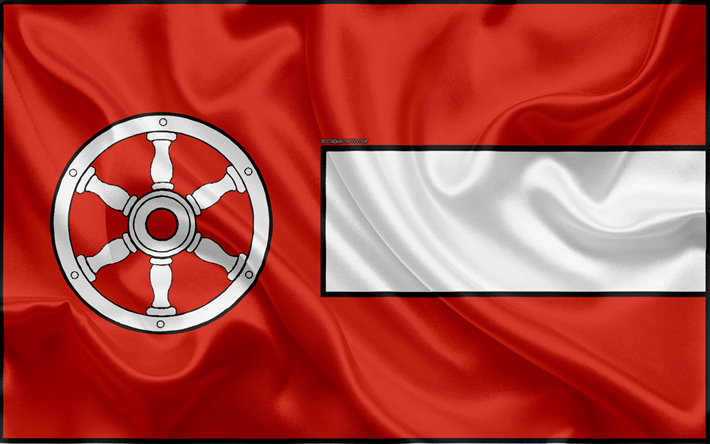 Flag of Erfurt, 4k, silk texture, red silk flag, coat of arms, German city, Erfurt, Thuringia, Germany, symbols