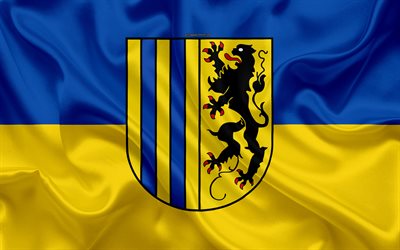 Flag of Chemnitz, 4k, silk texture, blue yellow silk flag, coat of arms, German city, Chemnitz, Saxony, Germany, symbols
