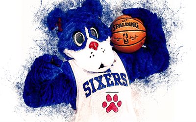 Franklin, official mascot, Philadelphia 76ers, 4k, art, NBA, USA, grunge art, symbol, blue background, paint art, National Basketball Association, NBA mascots, Philadelphia 76ers mascot, basketball