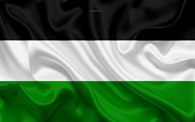 Flag of Gelsenkirchen, 4k, silk texture, black and white green silk flag, coat of arms, German city, Gelsenkirchen, North Rhine-Westphalia, Germany, symbols
