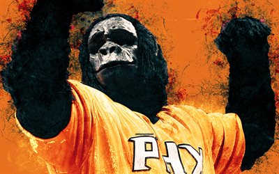 Goril, resmi maskotu, Phoenix Suns, 4k, sanat, NBA, ABD, grunge, sembol, turuncu arka plan, boya, art, Ulusal Basketbol Birliği NBA maskotları, Phoenix Suns maskot, basketbol git