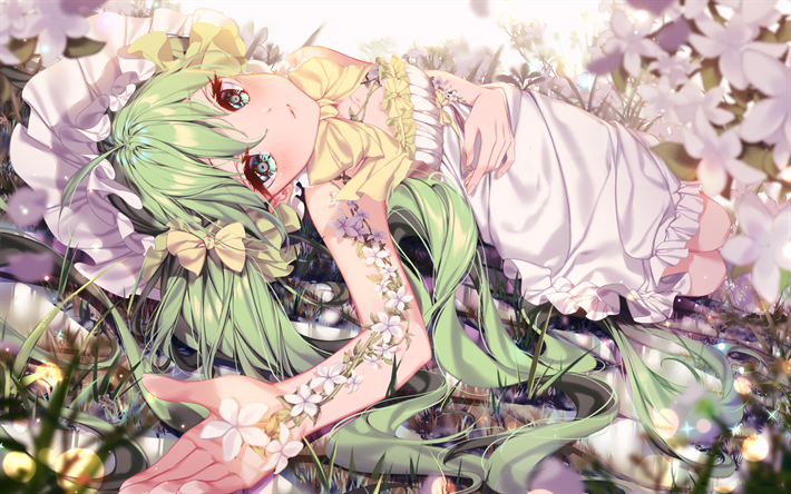 Hatsune Miku, c&#233;sped, flores, manga, Vocaloid
