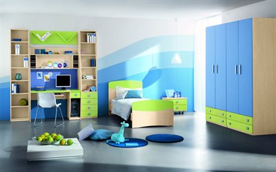 الحديثة الأزرق الأخضر الداخلية من غرفة أطفال, تصميم أنيق, الغرفة الداخلية للمراهق