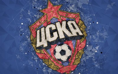 O CSKA de Moscou FC, 4k, Russian Premier League, criativo logotipo, arte geom&#233;trica, emblema, R&#250;ssia, futebol, O CSKA de Moscou, azul resumo de plano de fundo, FC CSKA Moscou