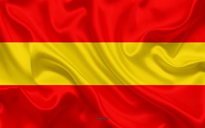 Lipun Karlsruhe, 4k, silkki tekstuuri, punainen keltainen silkki lippu, vaakuna, Saksan kaupunki, Karlsruhe, Baden-W&#252;rttemberg, Saksa, symbolit