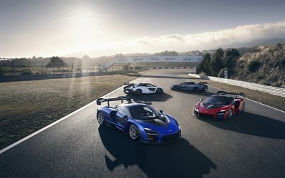 McLaren Senna, 2018, supercars, all colors, racing track, Kyanos Blue, Pure White, Delta Red, Victory Grey, McLaren