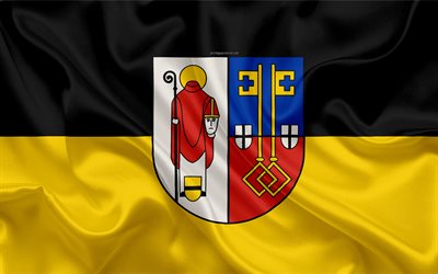 علم كريفيلد, 4k, نسيج الحرير, سوداء من الحرير الأصفر العلم, معطف من الأسلحة, المدينة الألمانية, كريفيلد, شمال الراين-وستفاليا, ألمانيا, الرموز
