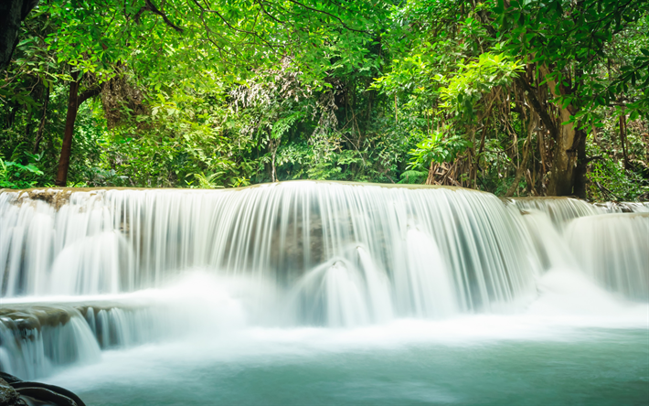 beautiful waterfall, tropics, jungle, forest, Thailand, waterfalls, lake