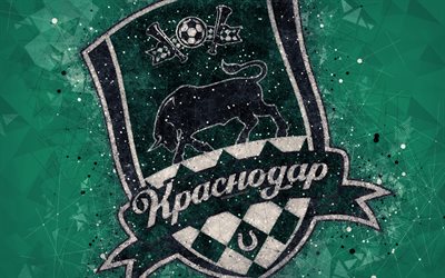 Krasnodar FC, 4k, Russian Premier League, creative logo, geometric art, emblem, Russia, football, Krasnodar, green abstract background, FC Krasnodar