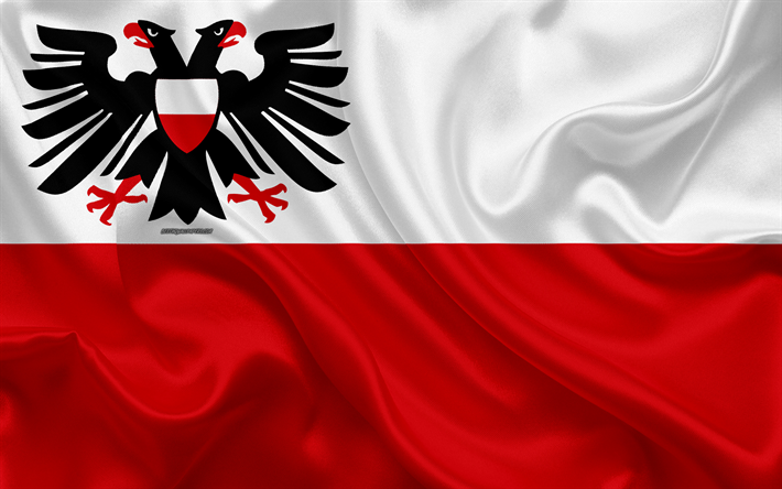 Lipun Lyypekki, 4k, silkki tekstuuri, valkoinen punainen silkki lippu, vaakuna, Saksan kaupunki, Lyypekki, Schleswig-Holstein, Saksa, symbolit