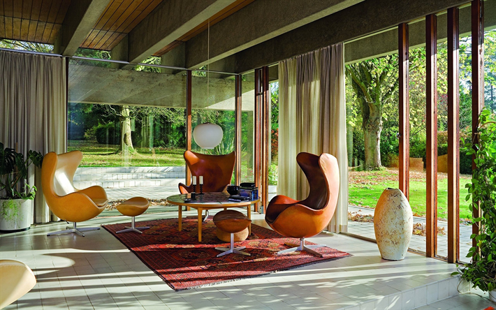 interior elegante, casa de campo, Escandinavo Moderno estilo, couro elegantes Poltronas, Mesa de caf&#233;, sala de estar