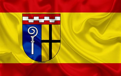 Flag of Monchengladbach, 4k, silk texture, red yellow silk flag, coat of arms, German city, Monchengladbach, North Rhine-Westphalia, Germany, symbols