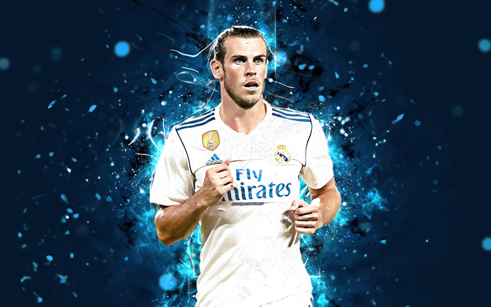 Gareth Bale, 4k, futbol yıldızları, neon ışıkları, Real Madrid, futbol, Bale, fan sanat, UEFA Şampiyonlar Ligi, futbolcular