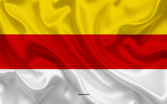 Lipun Munster, 4k, silkki tekstuuri, keltainen punainen valkoinen keltainen silkki lippu, vaakuna, Saksan kaupunki, Munster, Nordrhein-Westfalenissa, Saksa, symbolit