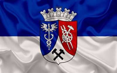 Flag of Oberhausen, 4k, silk texture, blue white silk flag, coat of arms, German city, Oberhausen, North Rhine-Westphalia, Germany, symbols