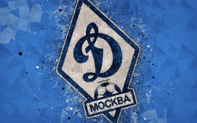 Dynamo Moskovan FC, 4k, Ven&#228;j&#228;n Premier League, luova logo, geometrinen taide, tunnus, Ven&#228;j&#228;, jalkapallo, Dynamo Moskova, sininen abstrakti tausta, FC Dynamo-Moscow