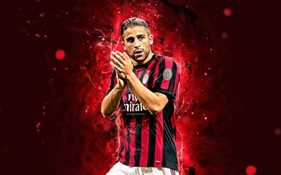Ricardo Rodriguez, 4k, abstrakti taide, AC Milan, jalkapallo, Serie, Rodriguez, jalkapalloilijat, neon valot, Milan FC, luova