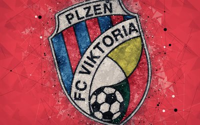 FC Viktoria Plzen, 4k, geometriska art, logotyp, Tjeckiska football club, r&#246;d bakgrund, emblem, Tjeckiska Ligan, Plzen, Tjeckiska Republiken, fotboll, kreativ konst