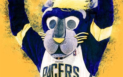 Boomer, resmi maskotu, Indiana Pacers, portre, 4k, Pacers panter, sanat, NBA, ABD, grunge, sembol, sarı arka plan, boya, art, Ulusal Basketbol Birliği NBA maskotları, Indiana Pacers maskot, basketbol